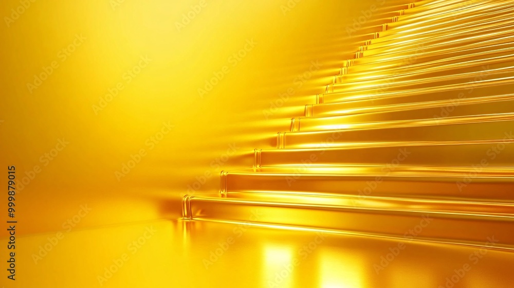 Poster Dynamic 3D concept of golden stairs ascending from a base platform towards a glowing peak symbolizing the journey to success Large space for text in center Stock Photo with copy space