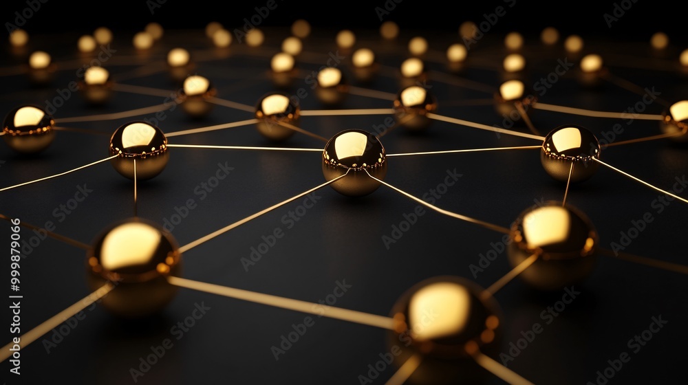 Aufkleber Abstract 3D network of golden spheres and connecting lines representing successful teamwork and innovation Large space for text in center Stock Photo with copy space