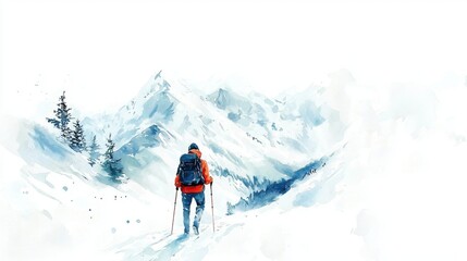 A serene winter landscape with a lone skier navigating through snow-covered mountains, surrounded by tranquil nature.