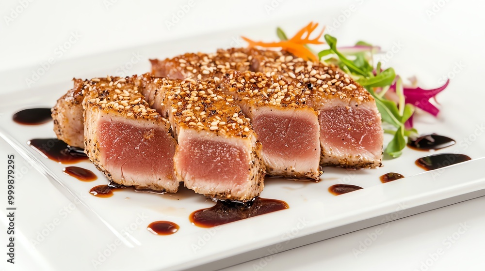 Sticker Seared tuna steak with sesame seeds and a balsamic glaze.