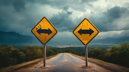 Two yellow road signs with black arrows pointing in opposite directions.
