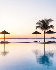 Fototapeta premium Serene sunset over tranquil pool with palm trees and beachside cabanas in a coastal resort during golden hour
