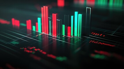 A 3D bar chart illustrating market fluctuations, with red and green bars highlighting gains and losses, presented in a sleek, professional style