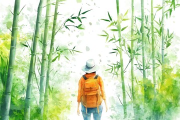 A traveler with a backpack explores a serene bamboo forest, surrounded by lush greenery and a tranquil atmosphere.