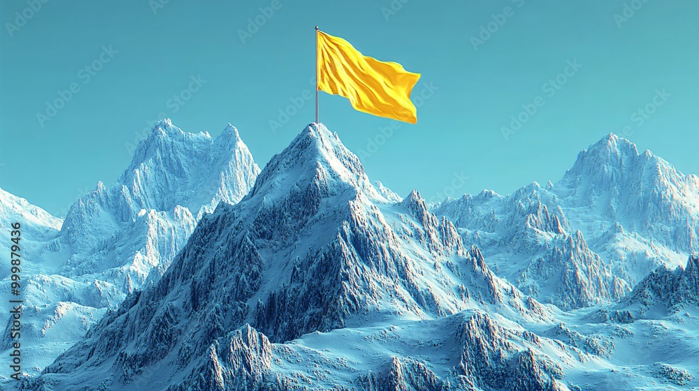 Poster Abstract 3D mountain peak with a golden flag planted on the summit representing reaching the ultimate goal of success Large space for text in center Stock Photo with copy space