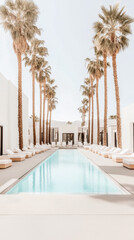 Obraz premium Sun-soaked outdoor pool surrounded by palm trees at a modern resort during a clear day