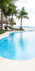 Serene beachfront pool with palm trees and tranquil waters during a cloudy day in a tropical paradise