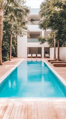 Serene swimming pool surrounded by palm trees in a modern outdoor lounge area on a sunny day