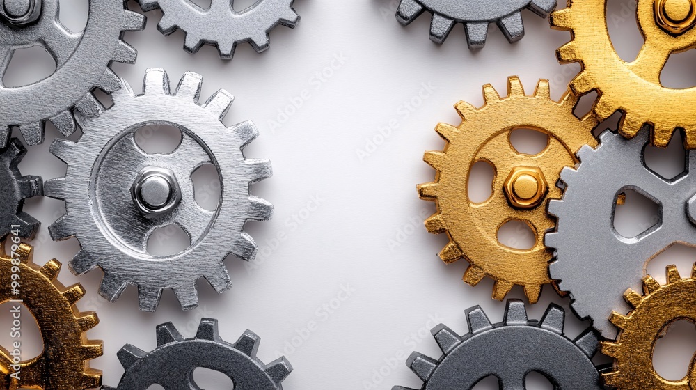 Aufkleber 3D interconnected gears in silver and gold symbolizing harmony and effective collaboration in business isolated on a white background Large space for text in center Stock Photo with copy space