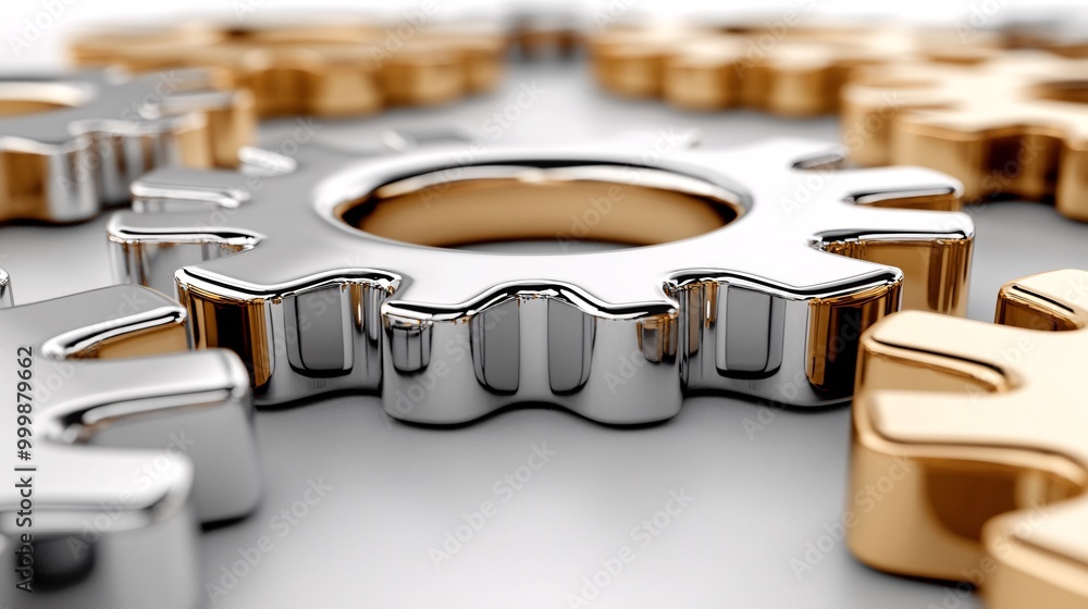 Aufkleber 3D interconnected gears in silver and gold symbolizing harmony and effective collaboration in business isolated on a white background Large space for text in center Stock Photo with copy space