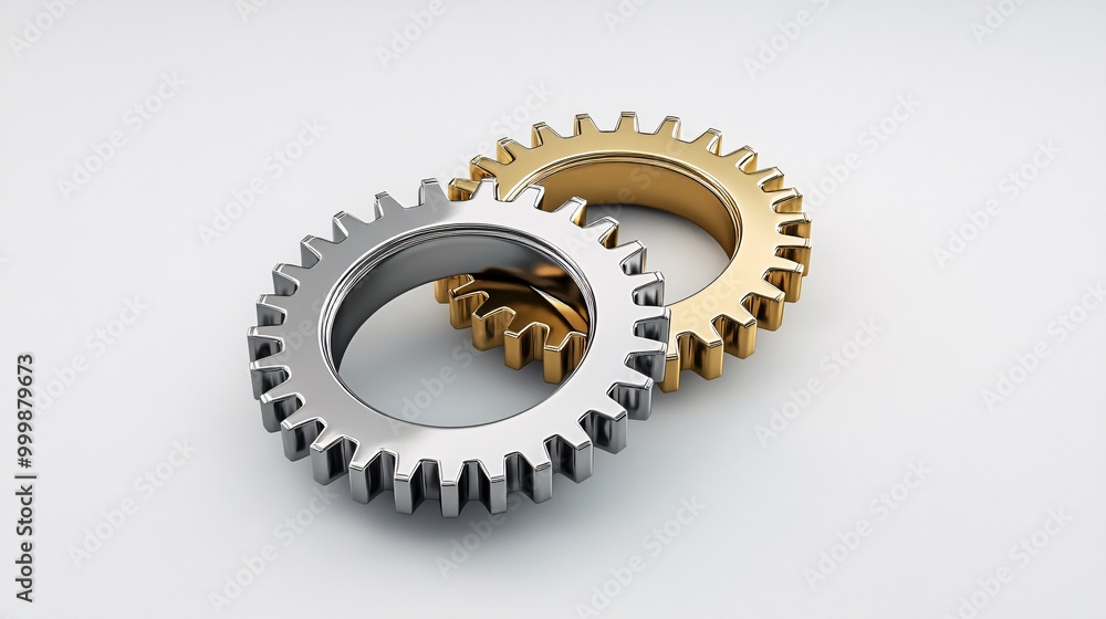 Poster 3D interconnected gears in silver and gold symbolizing harmony and effective collaboration in business isolated on a white background Large space for text in center Stock Photo with copy space