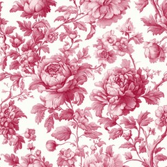 Romantic Pink Floral Toile de Jouy: A Seamless Pattern