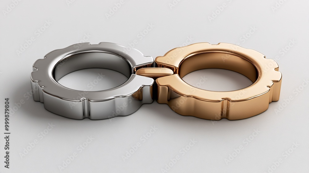 Poster 3D interconnected gears in silver and gold symbolizing harmony and effective collaboration in business isolated on a white background Large space for text in center Stock Photo with copy space