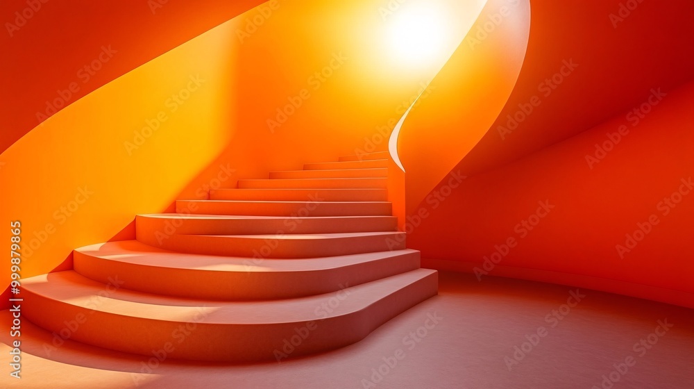 Poster 3D golden staircase spiraling upwards into a bright light symbolizing career growth and the path to success Large space for text in center Stock Photo with copy space