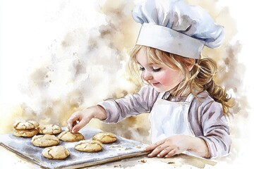 A young girl in a chef hat joyfully baking cookies in a cozy kitchen, showcasing her love for cooking and creativity.