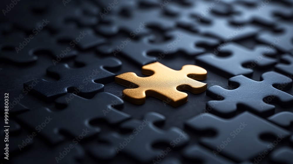 Poster 3D concept of interlocking golden puzzle pieces forming a strong foundation representing unity and collaboration Large space for text in center Stock Photo with copy space