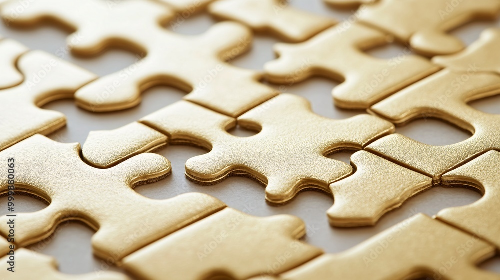 Poster 3D concept of interlocking golden puzzle pieces forming a strong foundation representing unity and collaboration Large space for text in center Stock Photo with copy space