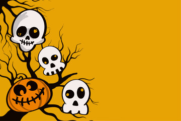 halloween illustration banner with skull and pumpkin cartoon 