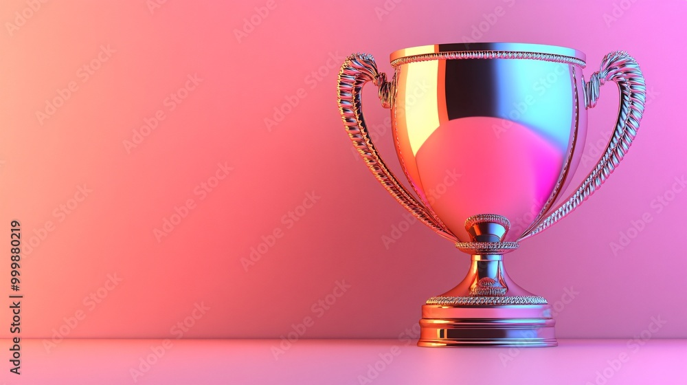 Poster 3D-rendered trophy cup with glowing edges symbolizing high achievement and top performance isolated on a gradient background Large space for text in center Stock Photo with copy space