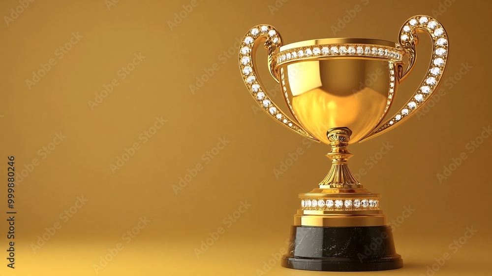 Aufkleber 3D-rendered trophy cup with glowing edges symbolizing high achievement and top performance isolated on a gradient background Large space for text in center Stock Photo with copy space