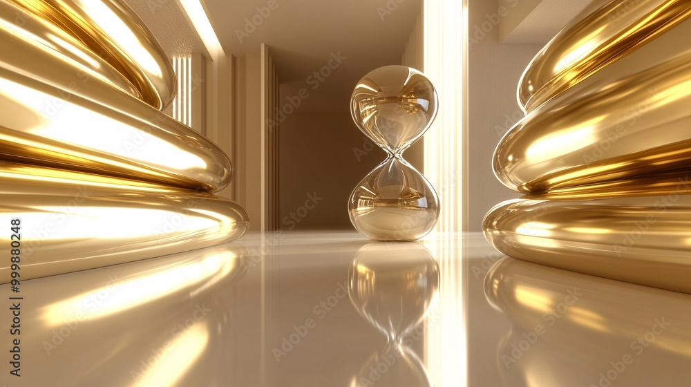 Poster Abstract 3D representation of a golden hourglass symbolizing time management and achieving success within deadlines Large space for text in center Stock Photo with copy space