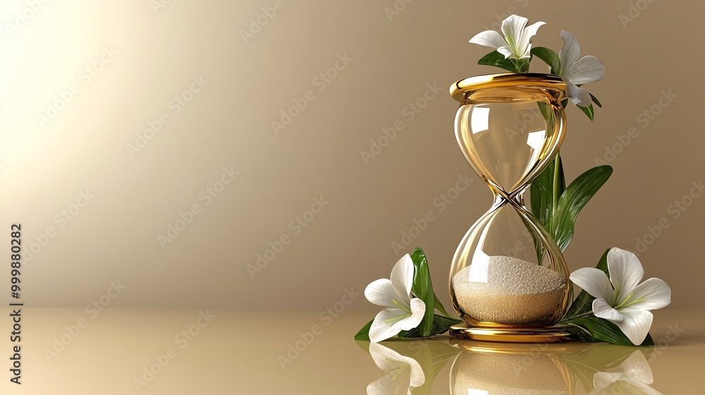 Poster Abstract 3D representation of a golden hourglass symbolizing time management and achieving success within deadlines Large space for text in center Stock Photo with copy space