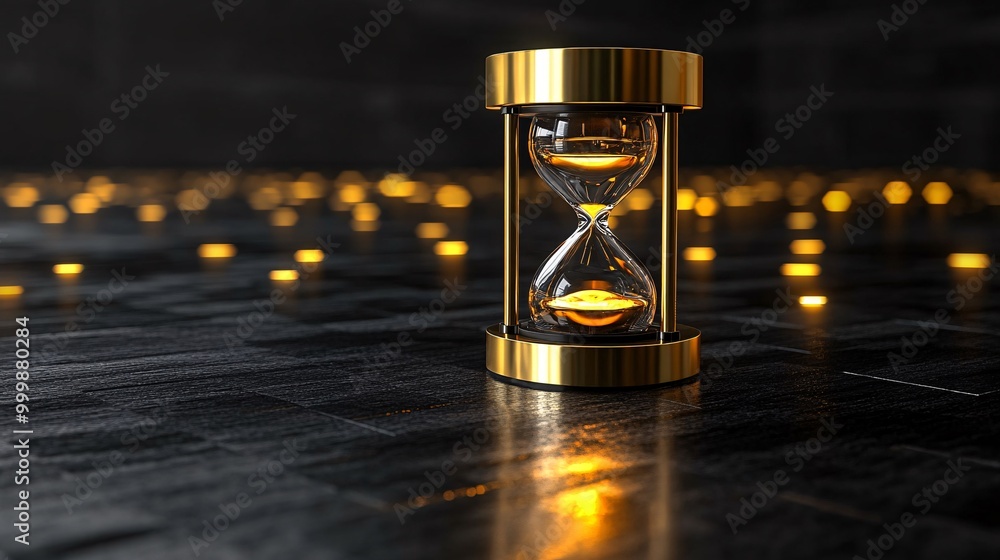 Poster Abstract 3D representation of a golden hourglass symbolizing time management and achieving success within deadlines Large space for text in center Stock Photo with copy space