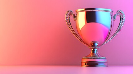 Fototapeta premium 3D-rendered trophy cup with glowing edges symbolizing high achievement and top performance isolated on a gradient background Large space for text in center Stock Photo with copy space