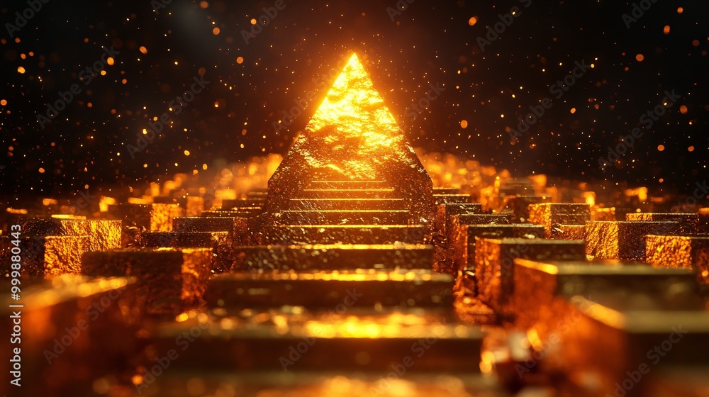 Poster abstract 3d staircase made of golden blocks leading to a glowing peak representing success and caree
