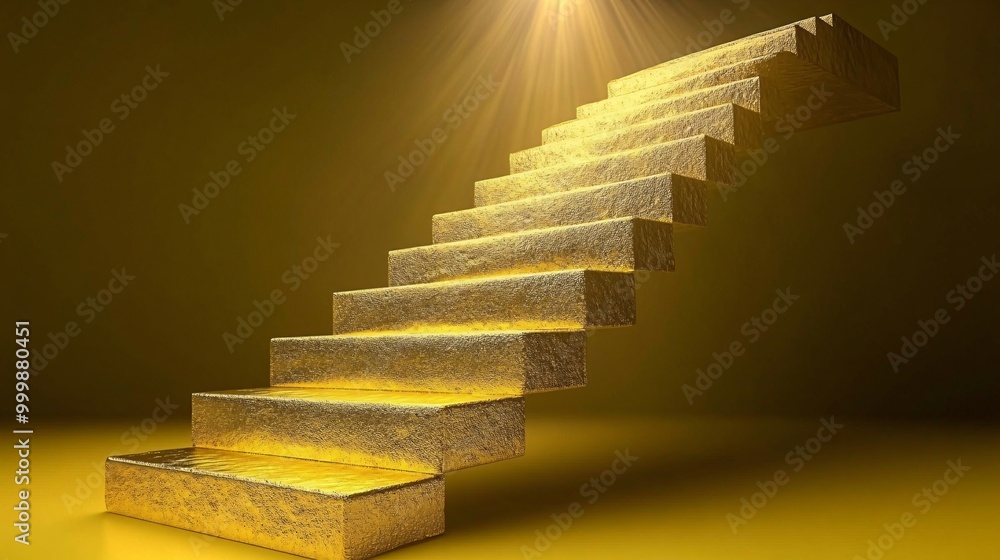 Poster abstract 3d staircase made of golden blocks leading to a glowing peak representing success and caree