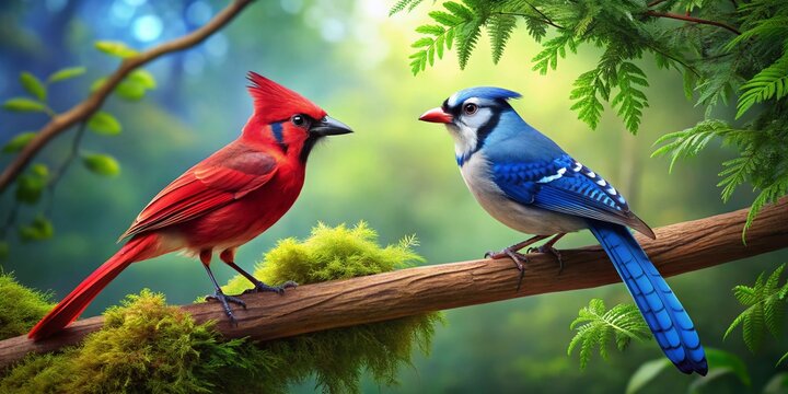 Blue Jay and Blue Cardinal Engaged in a Striking Display in a Lush Natural Habitat Setting