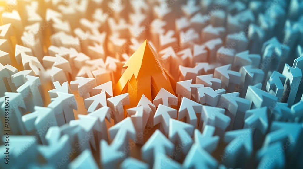 Poster Abstract 3D arrows intersecting and merging into a golden peak symbolizing teamwork and shared success Large space for text in center Stock Photo with copy space