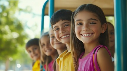 Fototapeta premium A group of children smile and laugh in a row.