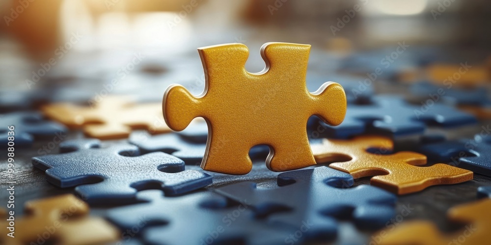 Poster a single golden puzzle piece stands out amongst the sea of blue puzzle pieces, representing the key 