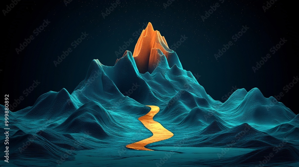 Leinwandbilder abstract 3d mountain landscape with a golden path leading to the summit symbolizing overcoming chall