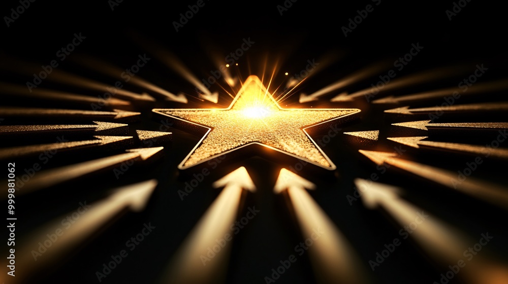 Fototapete Abstract 3D concept of a shining golden star surrounded by upward arrows symbolizing exceptional performance and success Large space for text in center Stock Photo with copy space