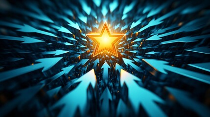 Abstract 3D concept of a shining golden star surrounded by upward arrows symbolizing exceptional performance and success Large space for text in center Stock Photo with copy space