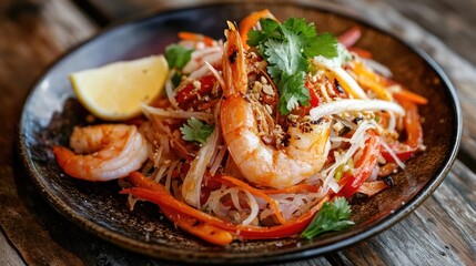 A beautifully plated Som Tum served with a side of grilled shrimp, with the vibrant colors and textures beautifully contrasted against a rustic wooden backdrop