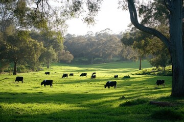 sapi sapi dan betis merumput di rumput di barat daya victoria, Australia. makan jerami dan silase. keturunan termasuk berbintik-bintik taman, murray abu-abu, angus dan brangus. generative ai
