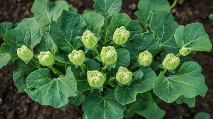 Top-Down View of Okra Plant in Home Garden