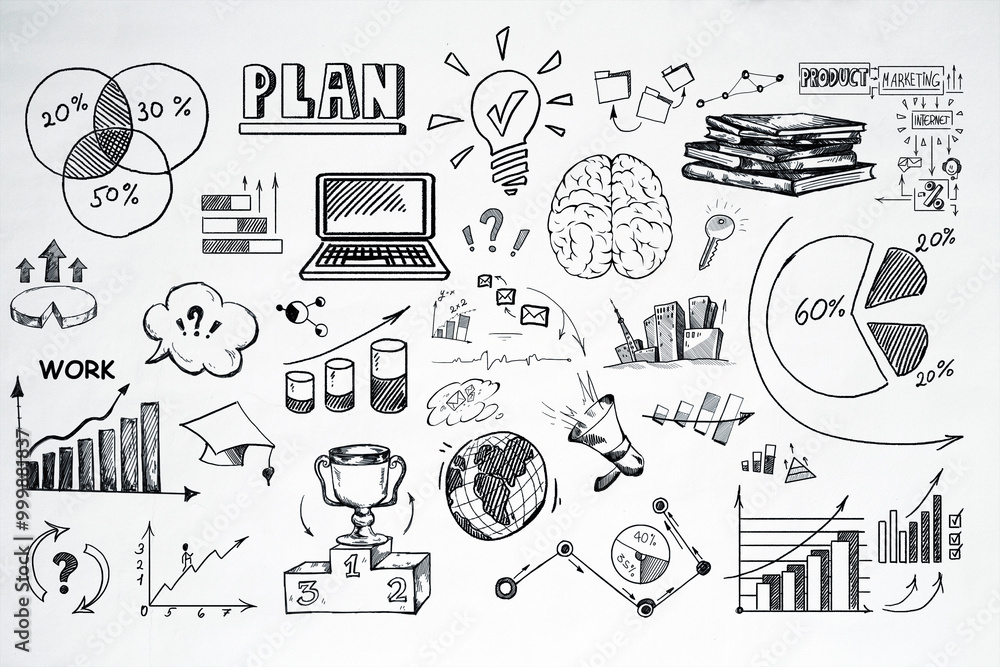 Poster business strategy sketches and diagrams on white background. 3d rendering