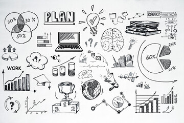 Business strategy sketches and diagrams on white background. 3D Rendering