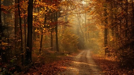 Sunlit Path Through Autumnal Forest