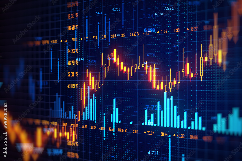 Aufkleber financial trading chart with candlestick and bar graphs. 3d rendering