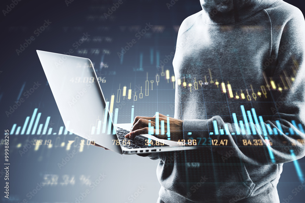 Poster person using laptop with financial graphs and charts overlay on dark background.