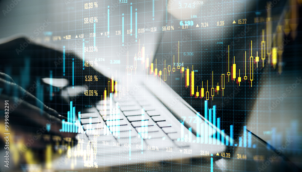 Poster double exposure of financial chart overlays on a person typing on a laptop keyboard.