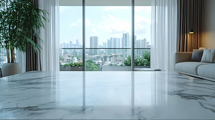 Fototapeta premium Marble Table Top with City View Background, Perfect for Product Displays or Mockups
