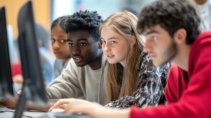Four high school students look intently at a computer screen.