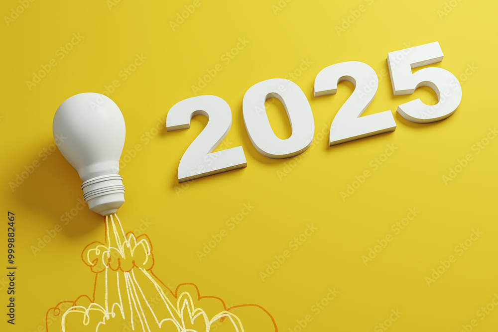 Aufkleber Lightbulb and 2025 text on yellow background, symbolizing innovation and new ideas. 3D Rendering