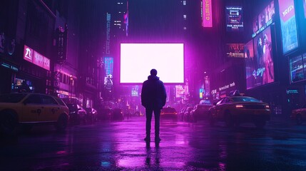 A blank billboard on a high-rise building facade in the heart of Times Square New York surrounded by animated displays and colorful lights from adjacent advertisements Large space for text in center